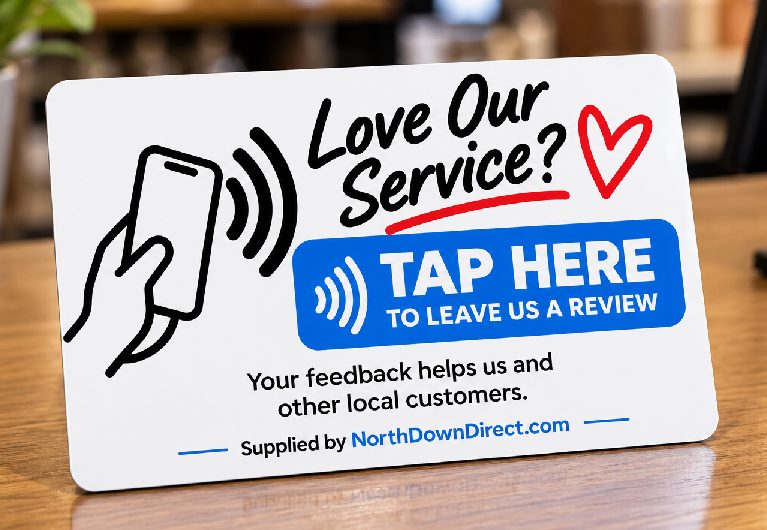 Google Review Tap Card with the words Tap here to leave us a review